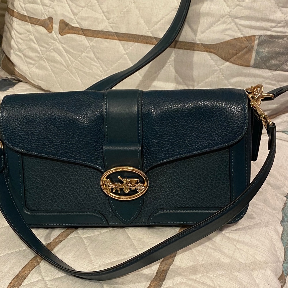 Coach Dark Teal Leather Crossbody Bag with Gold Accents